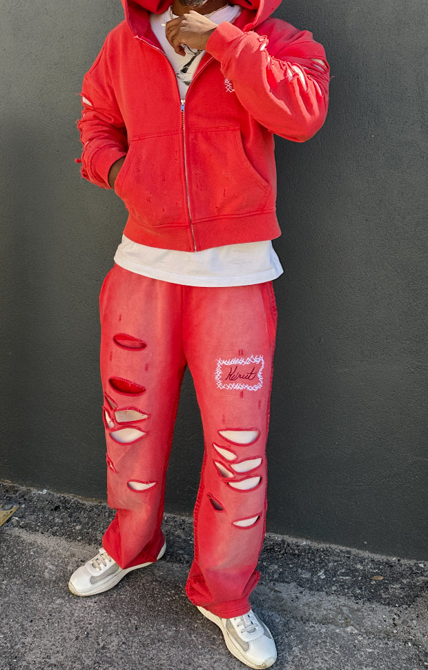 Distressed Thermal Sweats “Red”