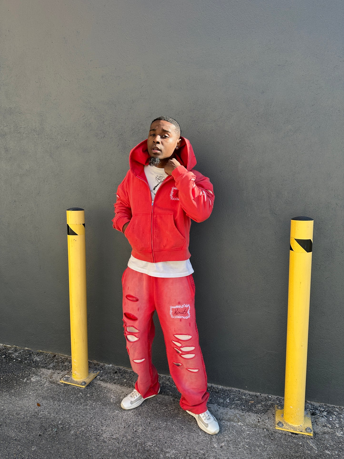 Distressed Thermal Hoodie “Red”