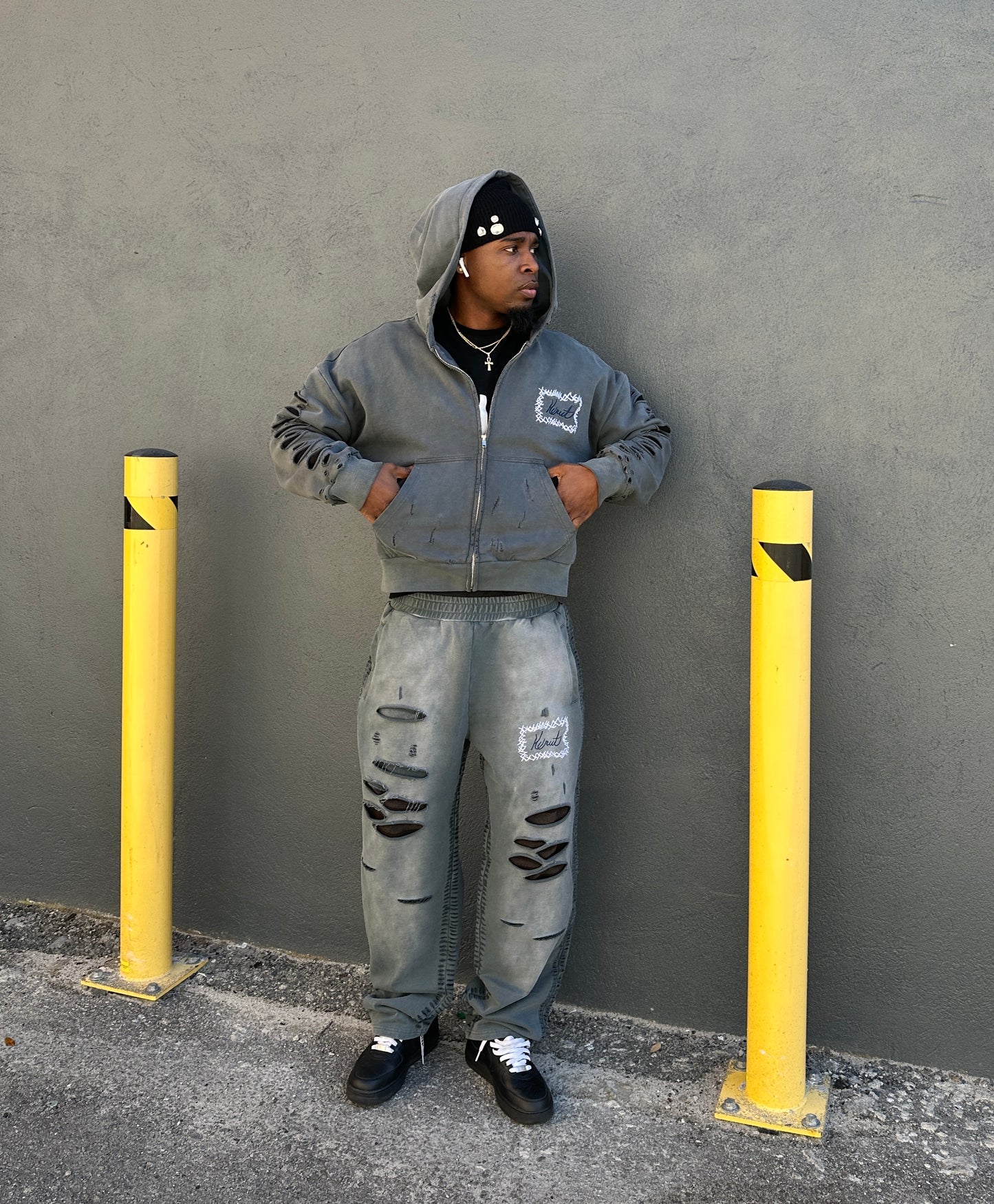 Distressed Thermal Hoodie “Grey”